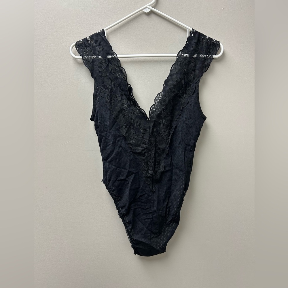 H.b. Intimates Women’s Black Lace V Neck Thong‎ Bodysuit
